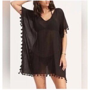 2x$18 West Loop One Size Black 48" x 31" Sheer Pom Pom Women’s Swim Cover Up New